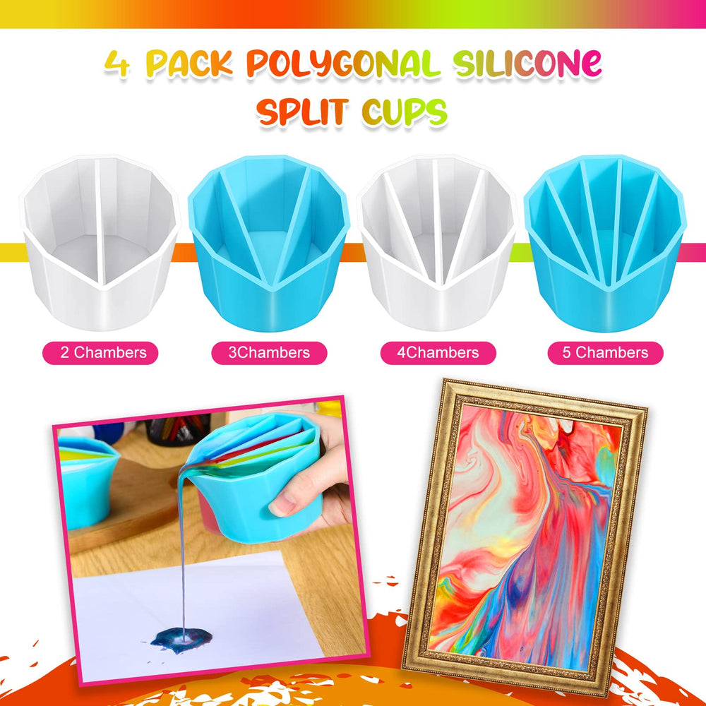 Split Cup for Paint Pouring 4 Pcs 2 3 4 5 Chambers Reusable Silicone Paint Cup Polygonal Style Pouring Divided Cup for Fluid Art Acrylic Paint Resin Pouring DIY Making, White, Blue