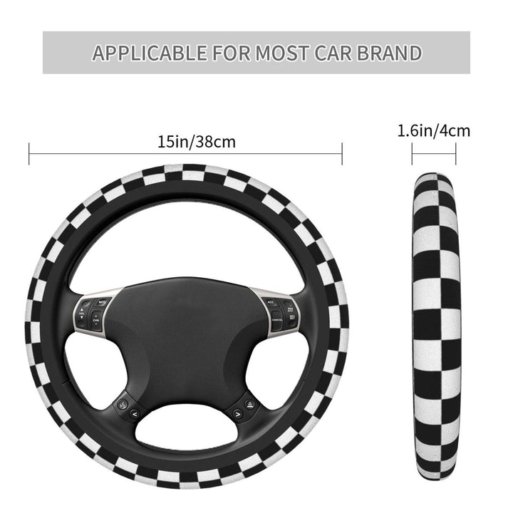 Racing and Checkered Black and White Steering Wheel Cover for Women Men, Universal 15 Inch Anti Slip and Sweat Absorption Auto Car Wrap Cover, Fit Suvs, Vans, Sedans, Cars, Trucks