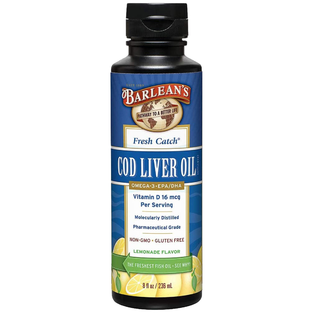 Barlean's Cod Liver Oil Liquid Supplement, Omega 3 Fish Oil with 900mg EPA and DHA Plus Vitamin D, Supplements for Joint, Brain, and Heart Health Support, Lemonade Flavor, 8 oz