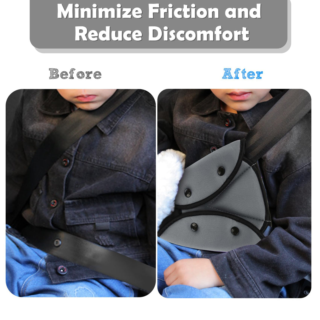 Seat Belt Adjuster for Kids & Adults, 2 Pack Seatbelt Adjuster for Kids, Seat Belt Clips, Auto Shoulder Neck Strap Adjuster, Safety Strap Triangle Positioner Car Seat Strap Pads Cover Harness (Gray)