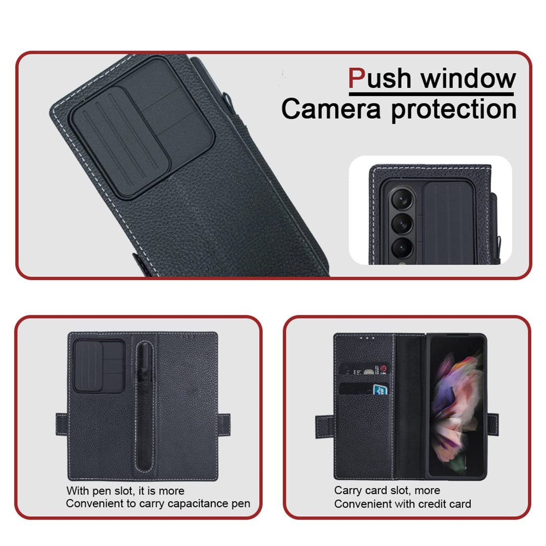 Samsung Galaxy Z Fold 4 Luxury Leather Wallet Case with S Pen Holder & Camera Cover - Shockproof, Black