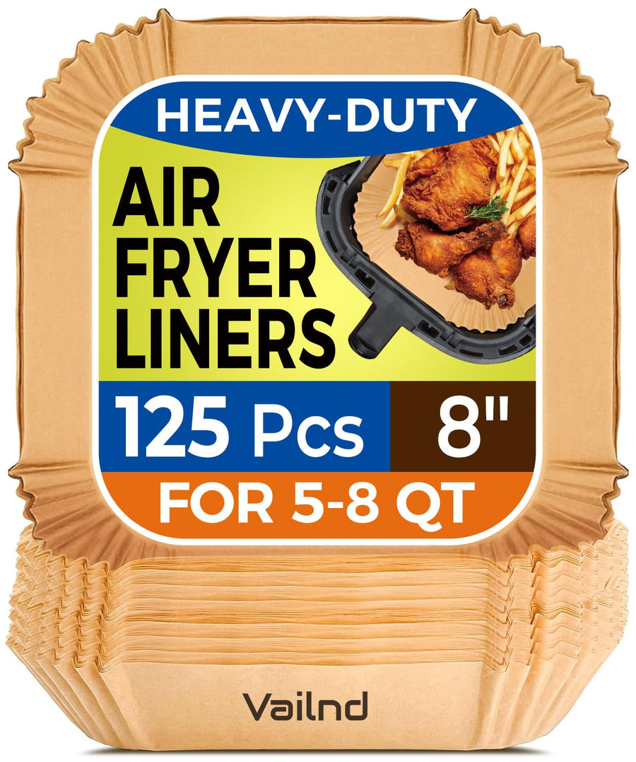 Air Fryer Paper Liners, 125Pcs Parchment Paper, Air Fryer Liners Disposable for Microwave, Non-Stick Air Fryer Liner Square Free of Bleach (8IN)