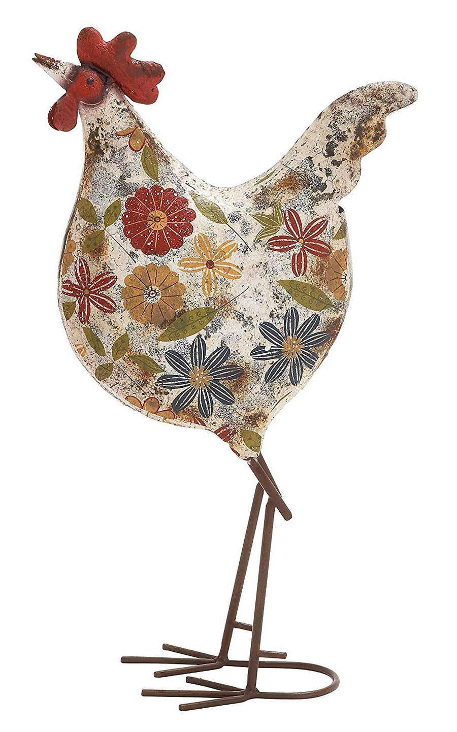 Metal Rooster Decorative Garden Sculpture Indoor Outdoor Distressed Standing Garden Statue with U Shaped Feet, Outdoor Sculpture 10 x 5 x 17, Cream
