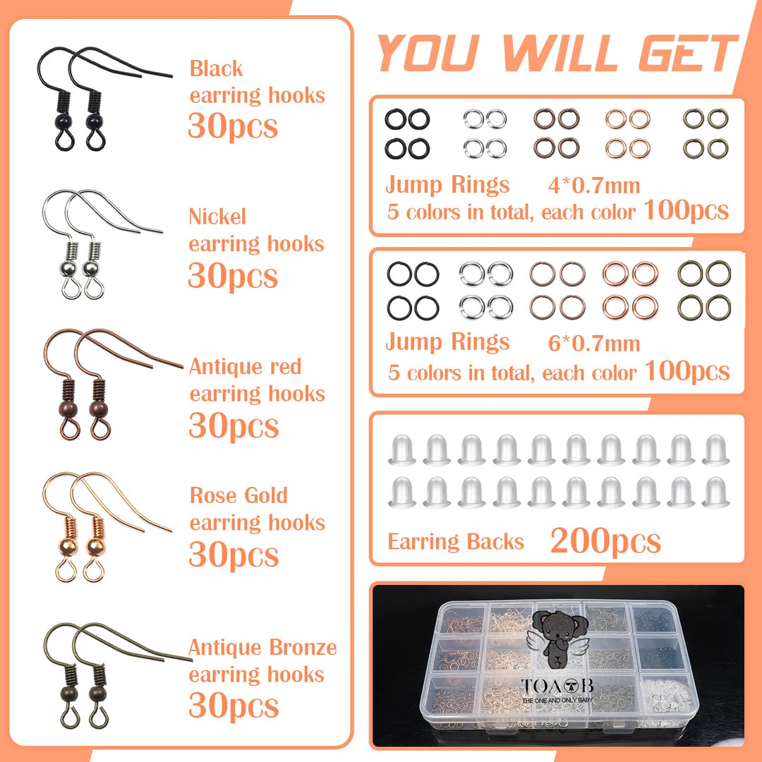 TOAOB 150pcs Hypoallergenic Earring Hooks Mixed Colors Ear Wire Hooks Earring Making Kit with 1000pcs Open Jump Rings 200pcs Earring Backs for Jewelry Making Findings