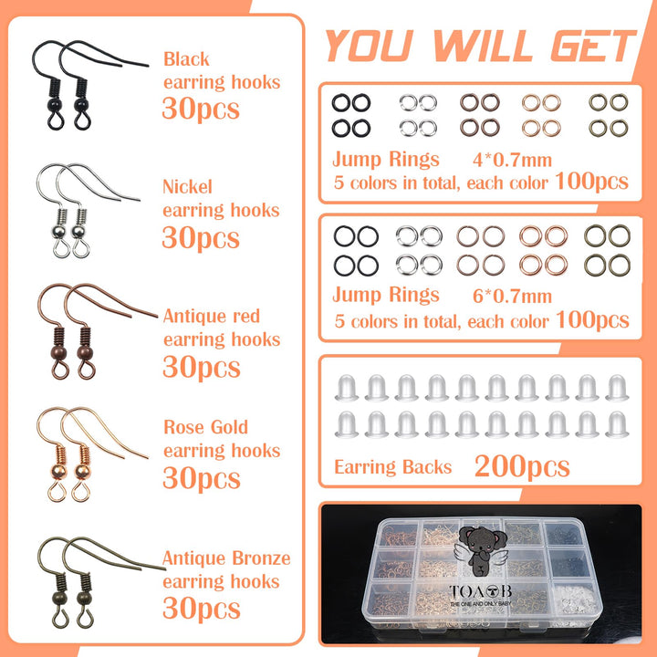 TOAOB 150pcs Hypoallergenic Earring Hooks Mixed Colors Ear Wire Hooks Earring Making Kit with 1000pcs Open Jump Rings 200pcs Earring Backs for Jewelry Making Findings