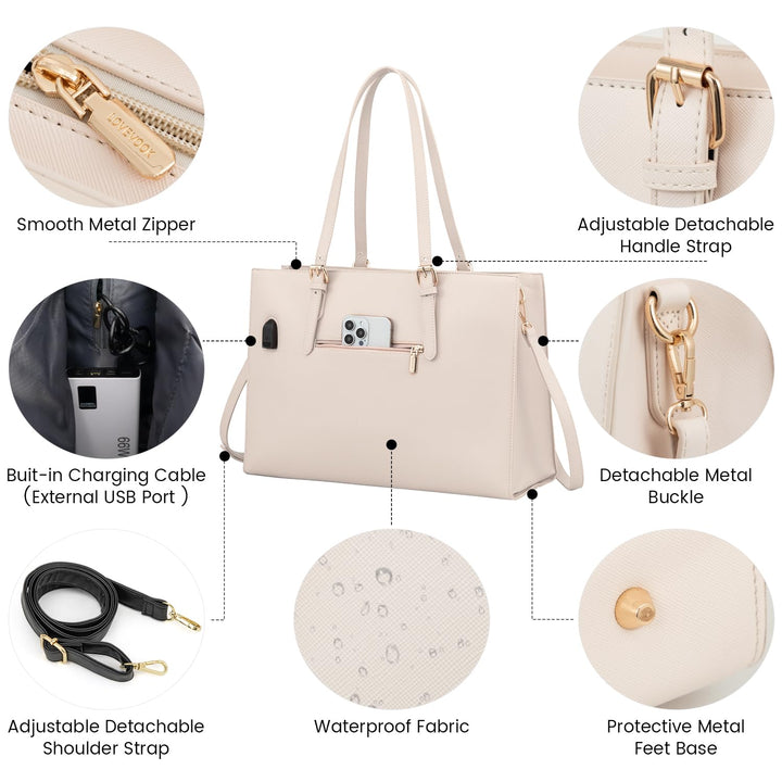 Laptop Bag for Women, Fashion Computer Tote Large Capacity Handbag, Leather Shoulder Bag Purse Set, Professional Business Work Briefcase for Office Lady, 2PCs, 15.6-Inch, Beige White