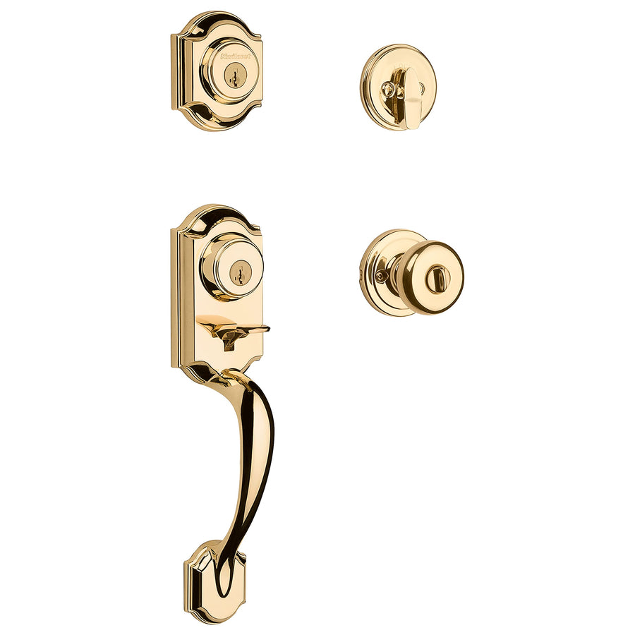 Montara Front Door Lock Handle and Deadbolt Set, Entry Handleset Exterior with Interior Door Knob, Polished Brass, Pick Resistant SmartKey Rekey Deadbolt Security