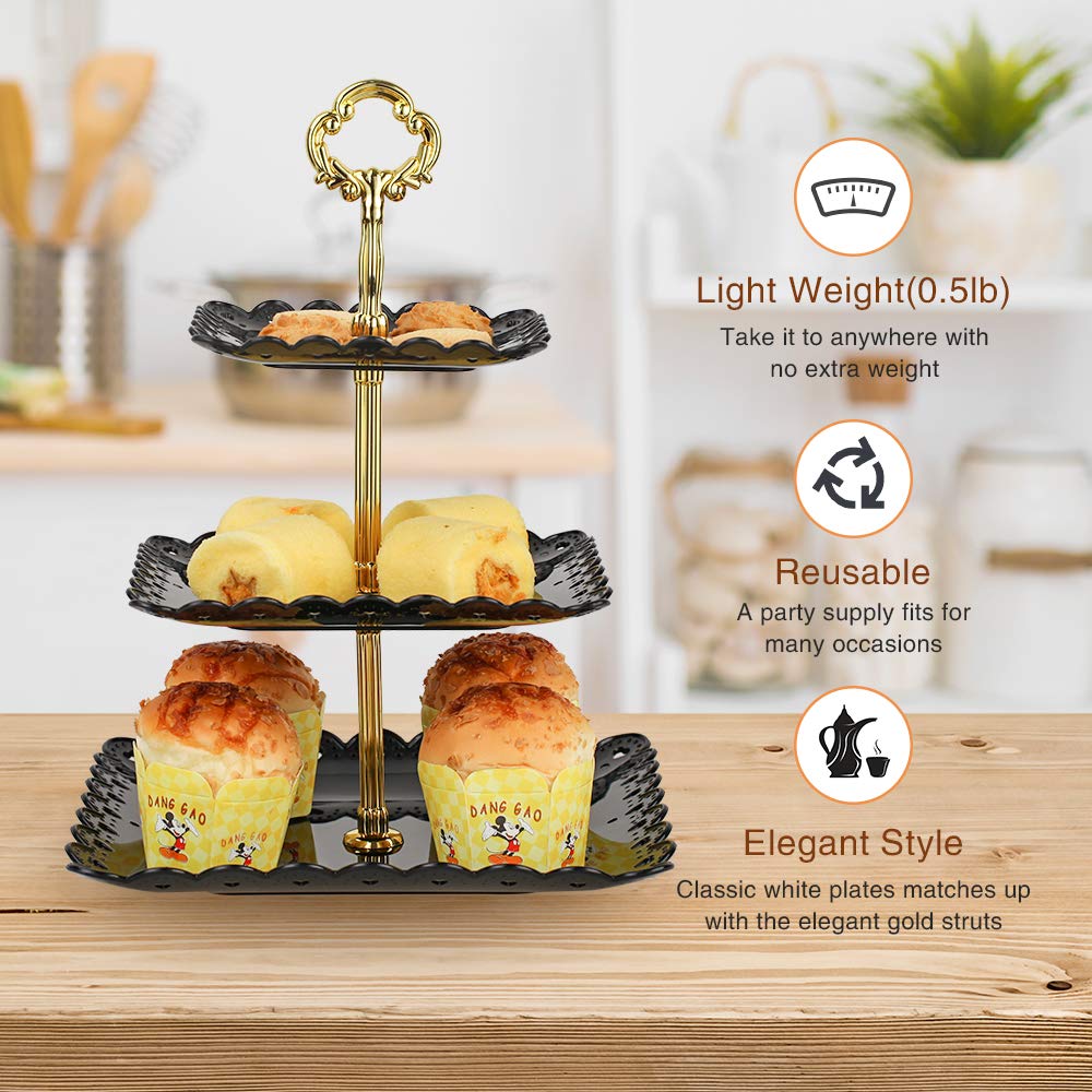 Black Square-Large 3 Tiered Serving Stand Tray Cake Stands Cupcake Holder Dessert Stand Table Decorations for Party Kids Birthday Tea Party Baby Shower