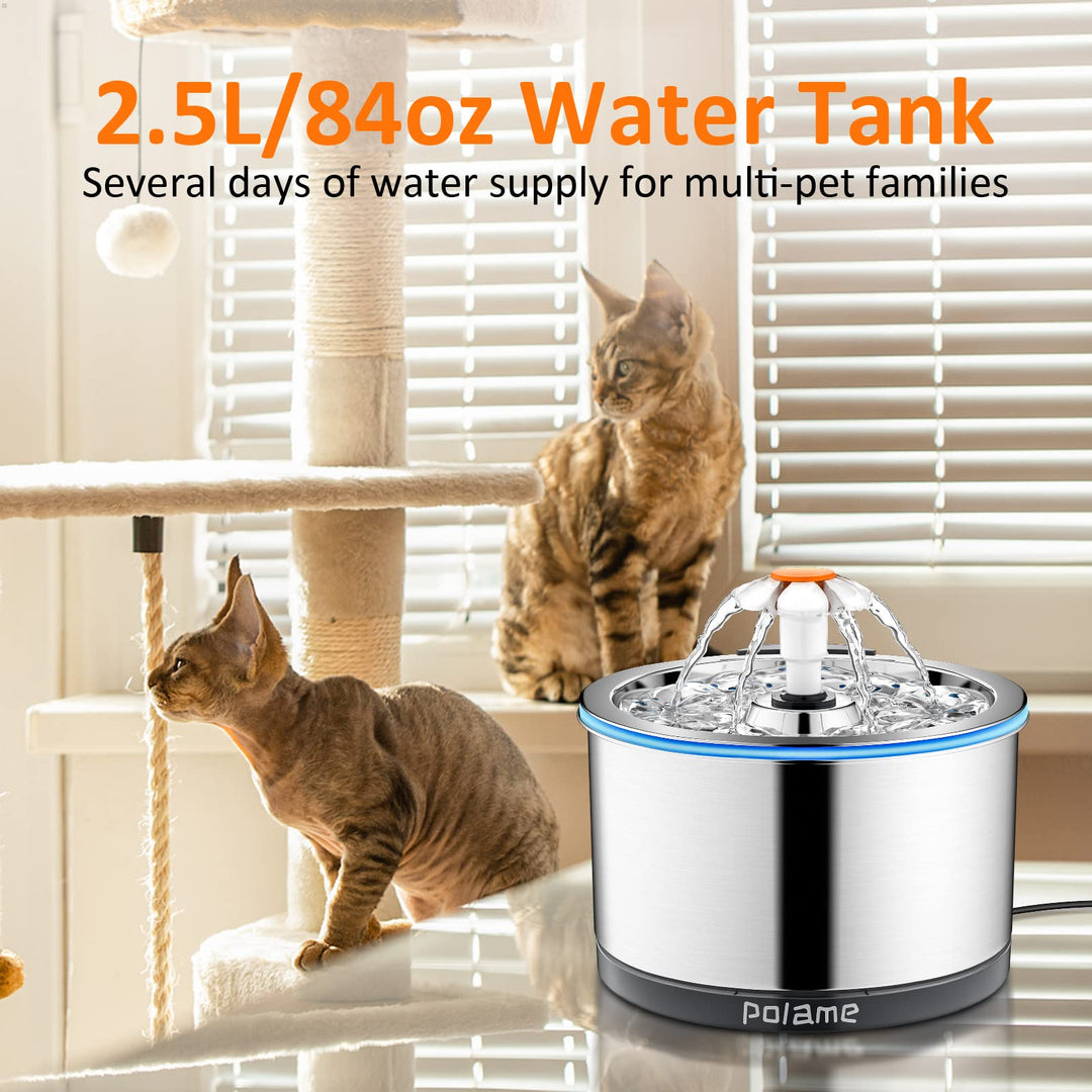 Cat Water Fountain Stainless Steel, Automatic Cat Fountains for Drinking, Ultra-Quiet Dog Water Dispenser, Pet Water Fountain for Cats Inside, 84oz/2.5L with Three Water Flow for Cats, Dogs
