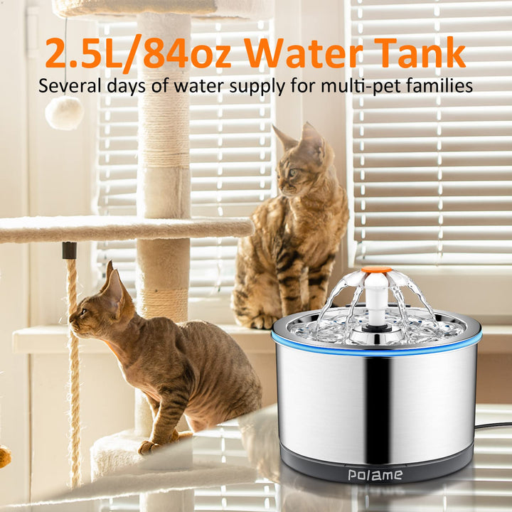 Cat Water Fountain Stainless Steel, Automatic Cat Fountains for Drinking, Ultra-Quiet Dog Water Dispenser, Pet Water Fountain for Cats Inside, 84oz/2.5L with Three Water Flow for Cats, Dogs