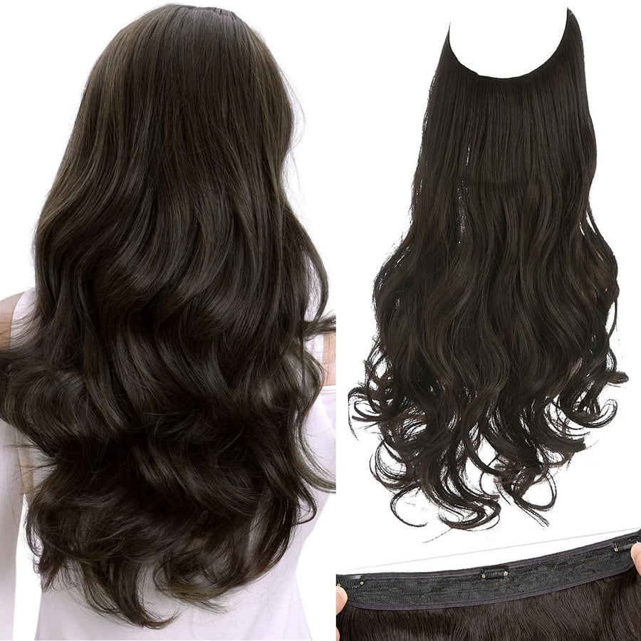 Invisible Wire Hair Extensions with 3 Clips Long Synthetic Wavy Curly Hairpiece Adjustable Transparent Headband for Women 16 Inch Black Brown