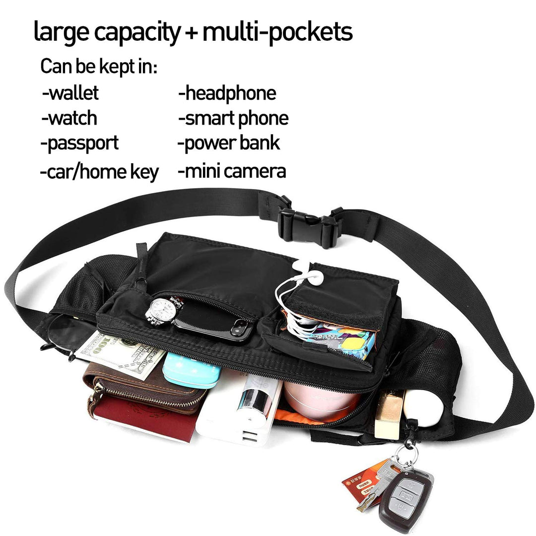 Large Waterproof Black Waist Bag Fanny Pack For Men Women Belt Bag Pouch Hip Bum Bag Chest Bag with Adjustable Strap, Premium Lightweight Fanny Pack For Gym Fitness Workout Travel Work Commuting