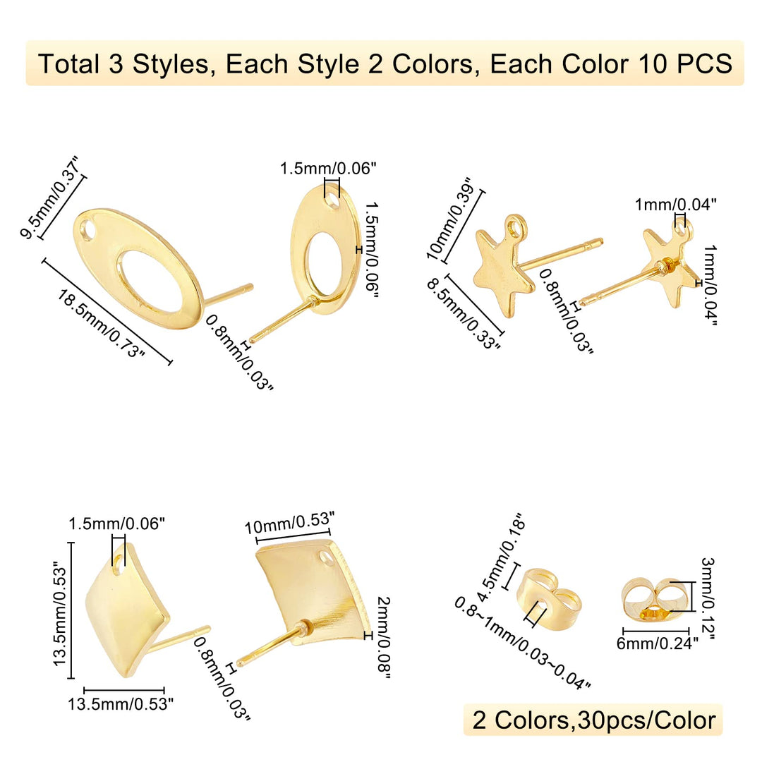 60pcs Earring Posts Golden Silver Ear Pad Base Posts with Holes 3 Style Earring Post 304 Stainless Steel Earring Studs with Ear Nuts for DIY Earrings Craft Making Supplies