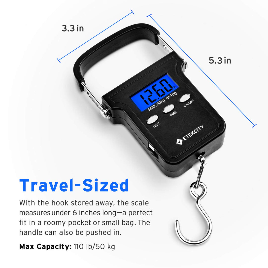 Fishing Scale with Backlit LCD Display, 110lb/50kg Digital Electronic Hanging Hook Scale with Batteries and Carry Pouch Included, Black, Non-Slip Handle