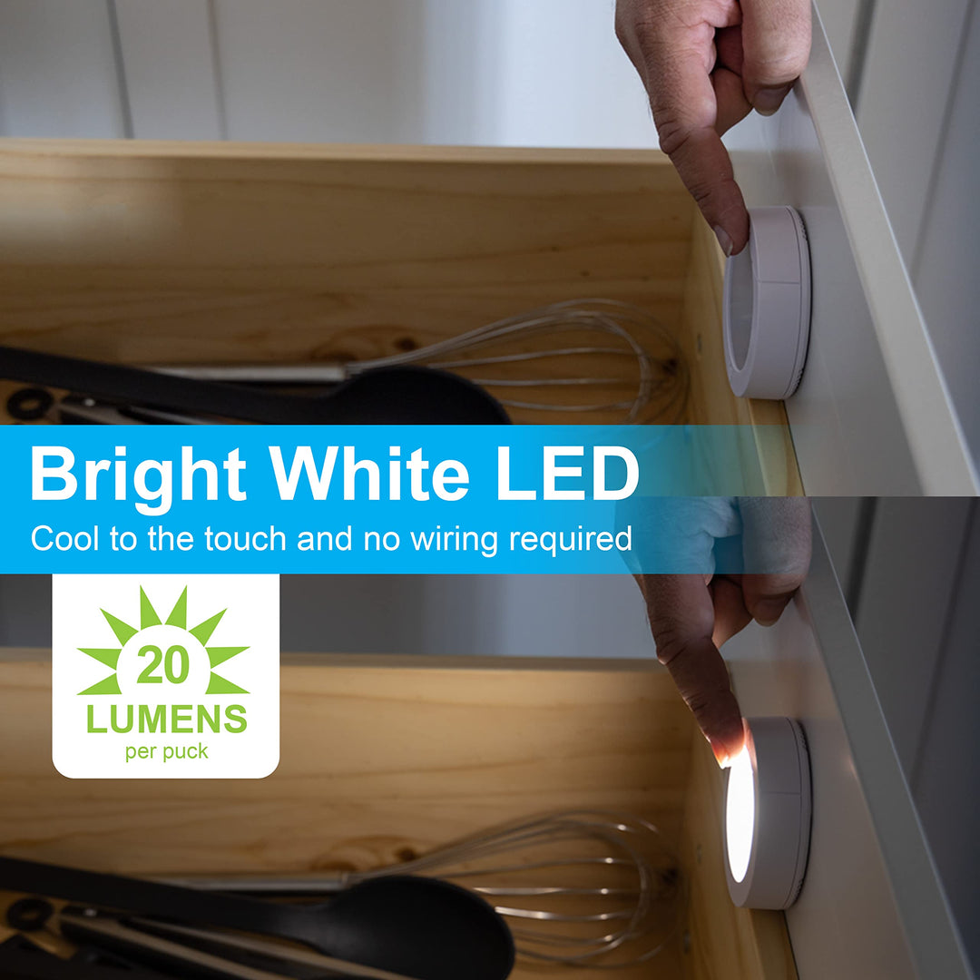 Wireless LED Puck Lights, Battery Operated, 20 Lumens, Touch Light, Tap Light, Stick on Lights, Under Cabinet Light, Ideal for Kitchen Cabinets, Closets, Garage 2 Pack, 25434
