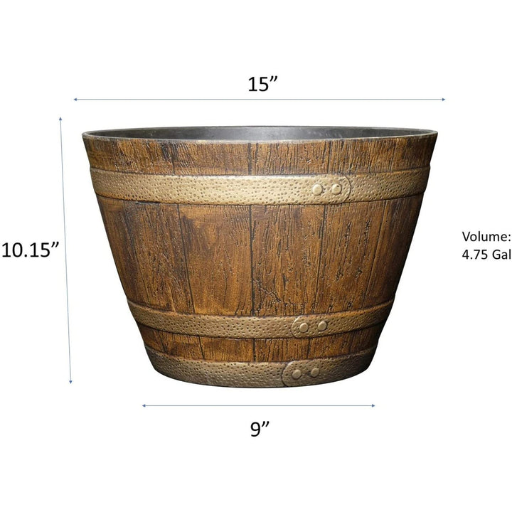 Whiskey Plastic Resin Flower Pot Barrel Planter, Oak Brown, 15
