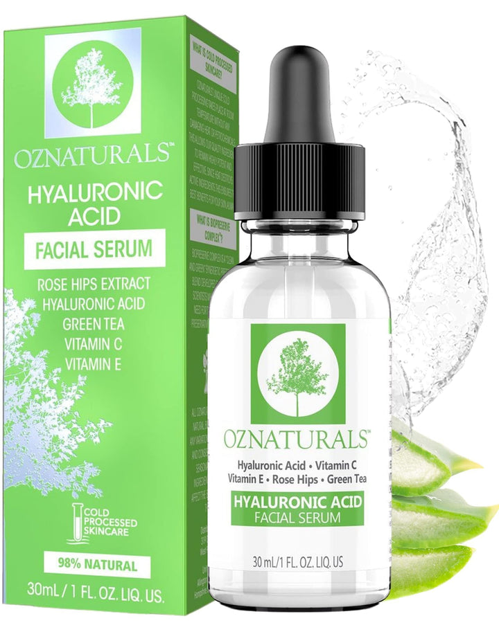 OZNATURALS Hyaluronic Acid Serum for Face - Plumping Serum, Hydrating Facial Skin Product, Natural Ingredients, Plump Fine Lines, Anti-Aging Face Serum, Organic Aloe + Rosehips Intense Moisture