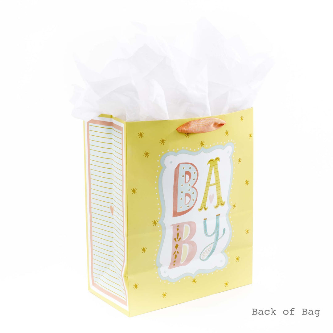 13 Large Gift Bag with Tissue Paper (B-A-B-Y, Yellow) for Baby Showers, New Parents and More