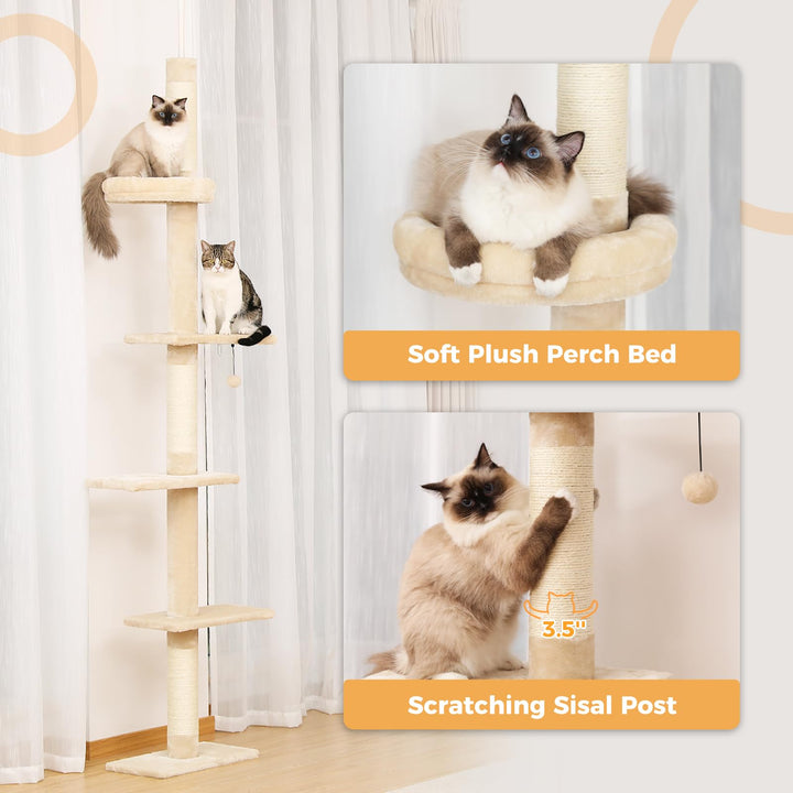 Floor to Ceiling Cat Tree, Cat Tower 5-Tier Height(95-107 Inches) Adjustable, Tall Cat Climbing Tree Featuring with Scratching Post, Cozy Bed,Interactive Ball Toy for Indoor Cats/Kitten Beige