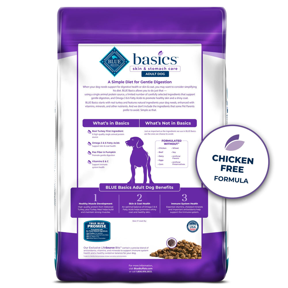 Basics Adult Grain-Free Dry Dog Food for Skin & Stomach Care, Limited Ingredient Diet, Made in the USA with Natural Ingredients, Turkey & Potato Recipe, 11-lb. Bag