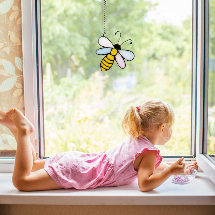 Bee Suncatcher Window Hanging Ornament w/Suction Cup, Spring Farmhouse Bumble Bee Double Side Stained Glass Panel Garden Yard Tree Hanging Decor, Bee Lover Day Teachers Day Gifts