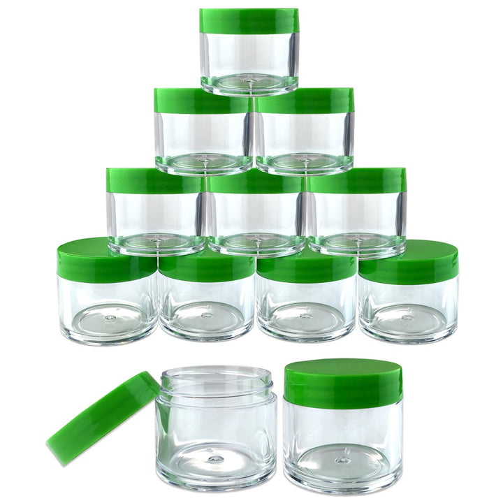 12 Piece 1 oz. USA Acrylic Round Clear Jars with Flat Top Lids for Creams, Lotions, Make Up, Cosmetics, Samples, Herbs, Ointments (12 Pieces Jars + Lids, GREEN)