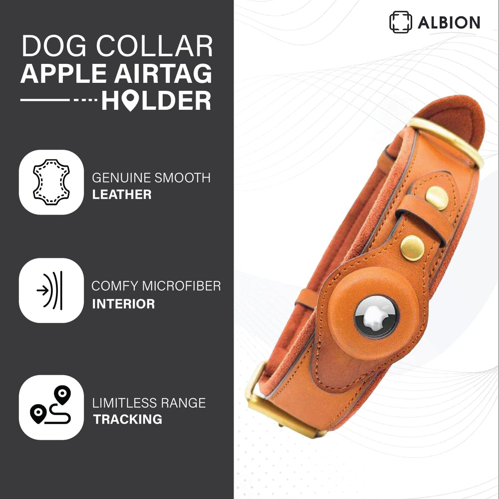Apple AirTag Leather Dog Collar Smart GPS Collar with AirTag Holder (S, Brown)