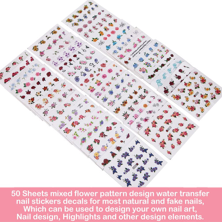 50 Pcs Different Styles Pattern DIY Nail Art Stickers Transfer Watermark Nail Stickers with Tweezers