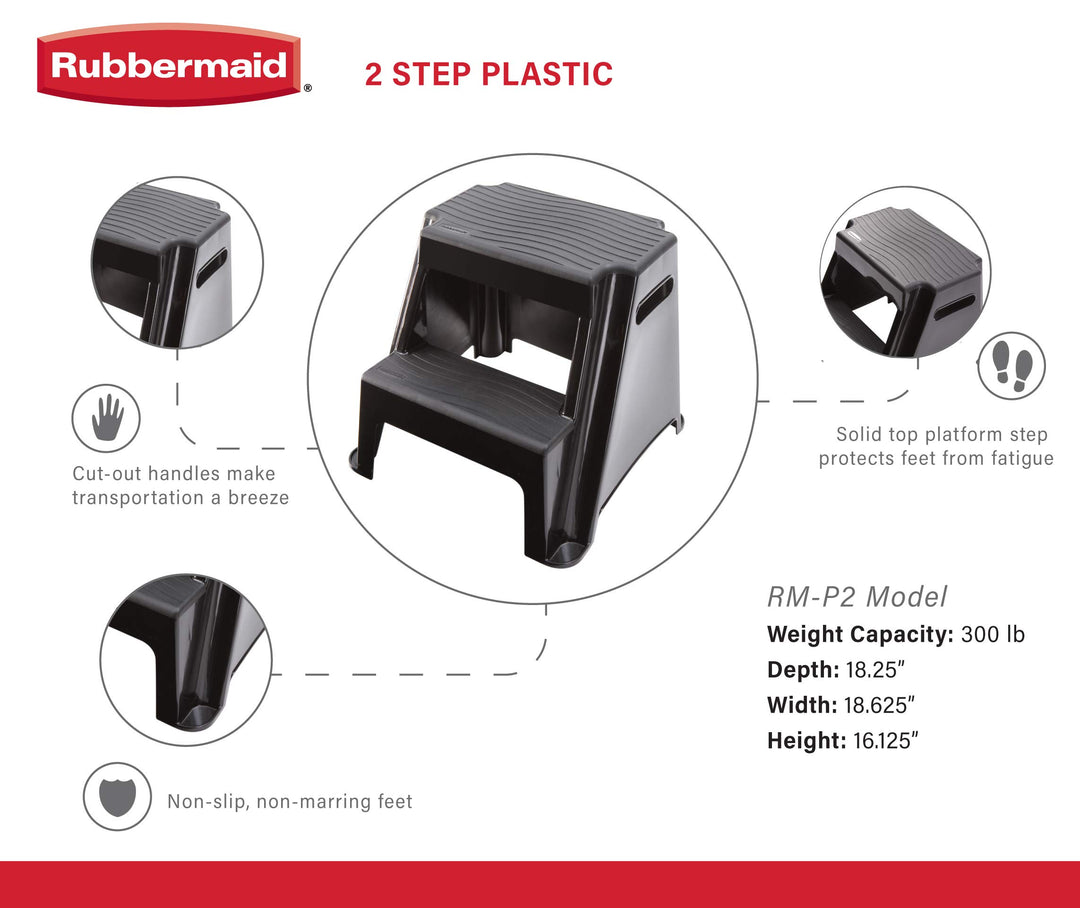 RM-P2 2-Step Molded Plastic Step Stool with Non-Slip Step Treads, 300 lbs. Load Capacity, Lightweight, Black (Amazon Exclusive)