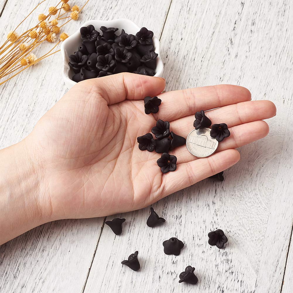 Pandahall 100pcs Black Transparent Frosted Acrylic Beads Trumpet Flower Bead Caps DIY Jewelry Making 14x10mm