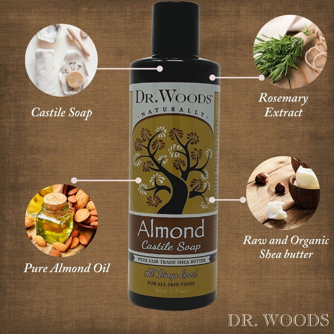 Pure Almond Liquid Castile Soap with Organic Shea Butter, 8 Ounce