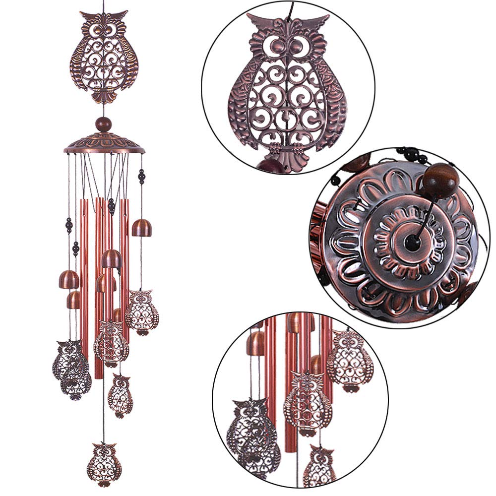 Owl Wind Chimes Outdoor Indoor Decor -with 4 Aluminum Tubes 6 Bells 7 Owls 37Inch Waterproof Mobile Romantic Wind Catcher Owl Windchimes for Home, Xmas Mom Gifts, Balcony, Festival, Garden Decoration