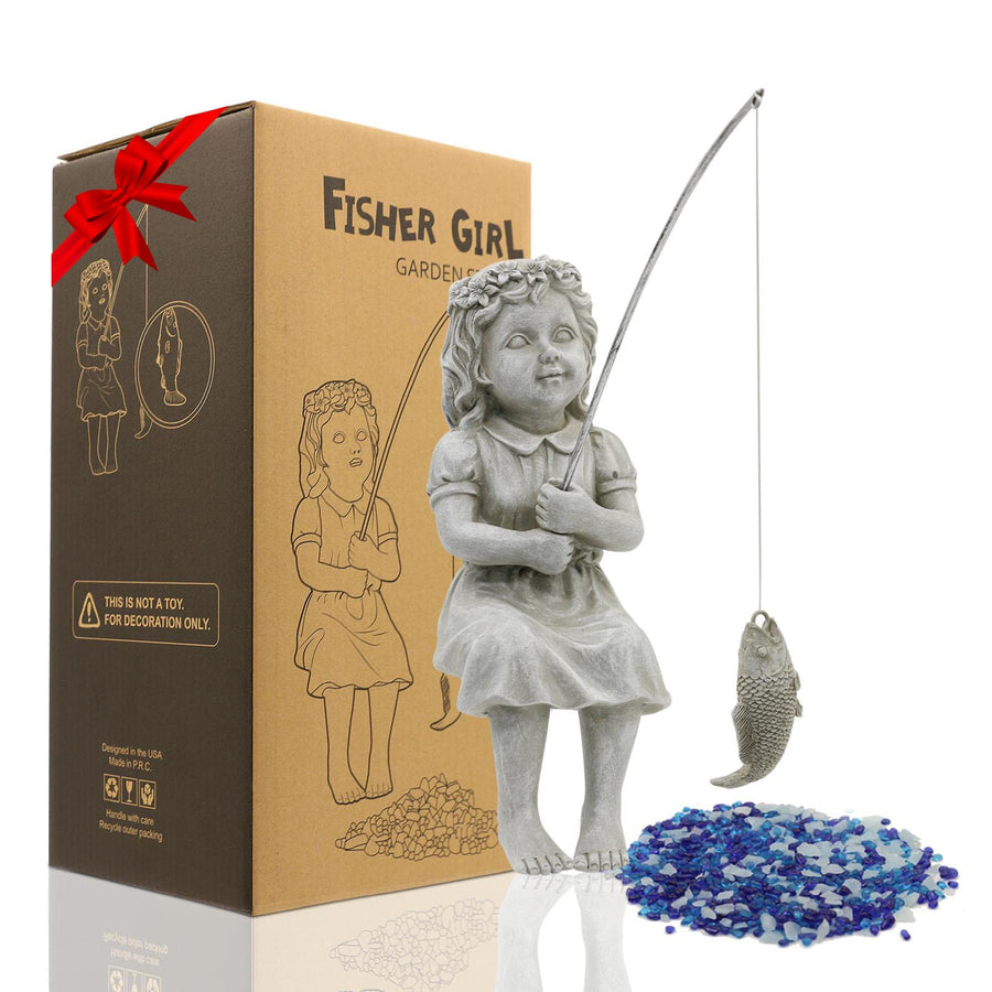 Gifts for Garden Home Mon Grandma The Little Fishergirl GardenHome Decor Statue,Fisherman Figurine Sculpture,OutdoorIndoor,Desk,Pool Pond Ornament
