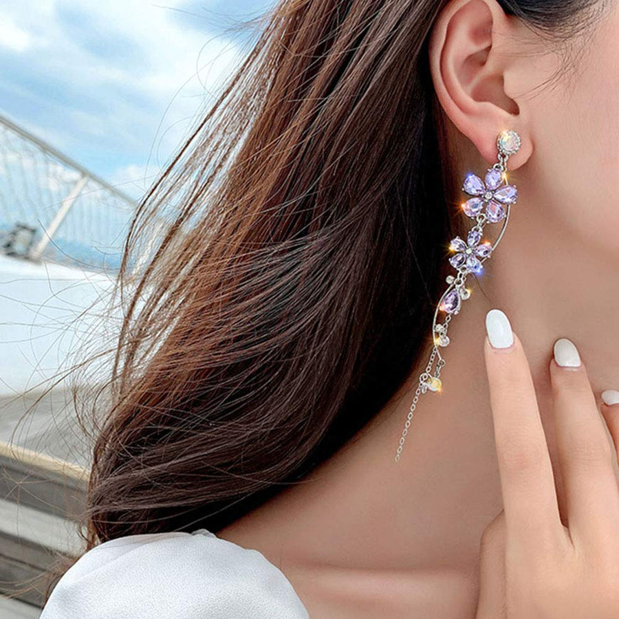 Silver Long Flower Earrings Purple Rhinestones Big Dainty Floral Drop Earrings Statement Charm Earring Body Jewelry for Women and Girls