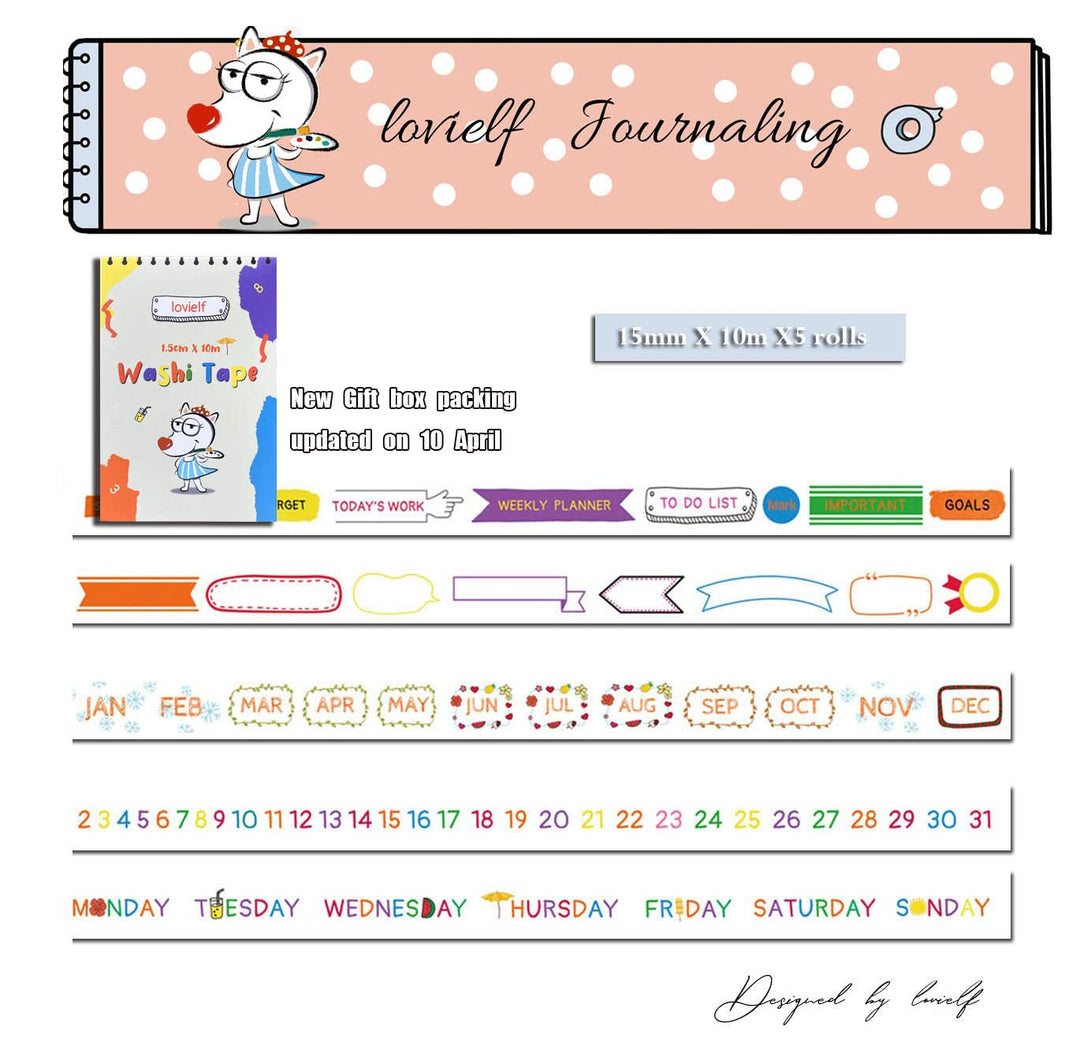 Bujo Week Month Date Day Banner Number Planner Box washi Tape Set of 5 Rolls - Decorative DIY Japanese Masking Scrapbook Notebook Planner | Length : 10m (10.93 yards