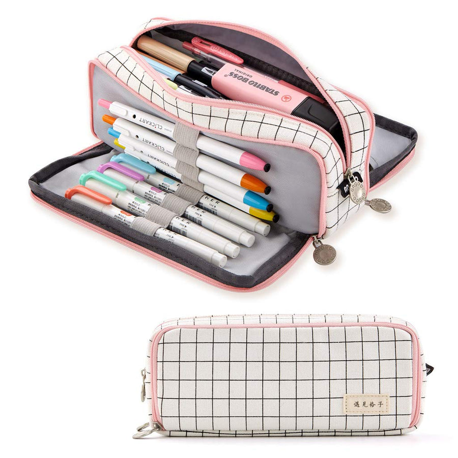 Large Pencil Case Big Capacity 3 Compartments Canvas Pencil Pouch for Teen Boys Girls School Students (Pink Strip Black Grid)