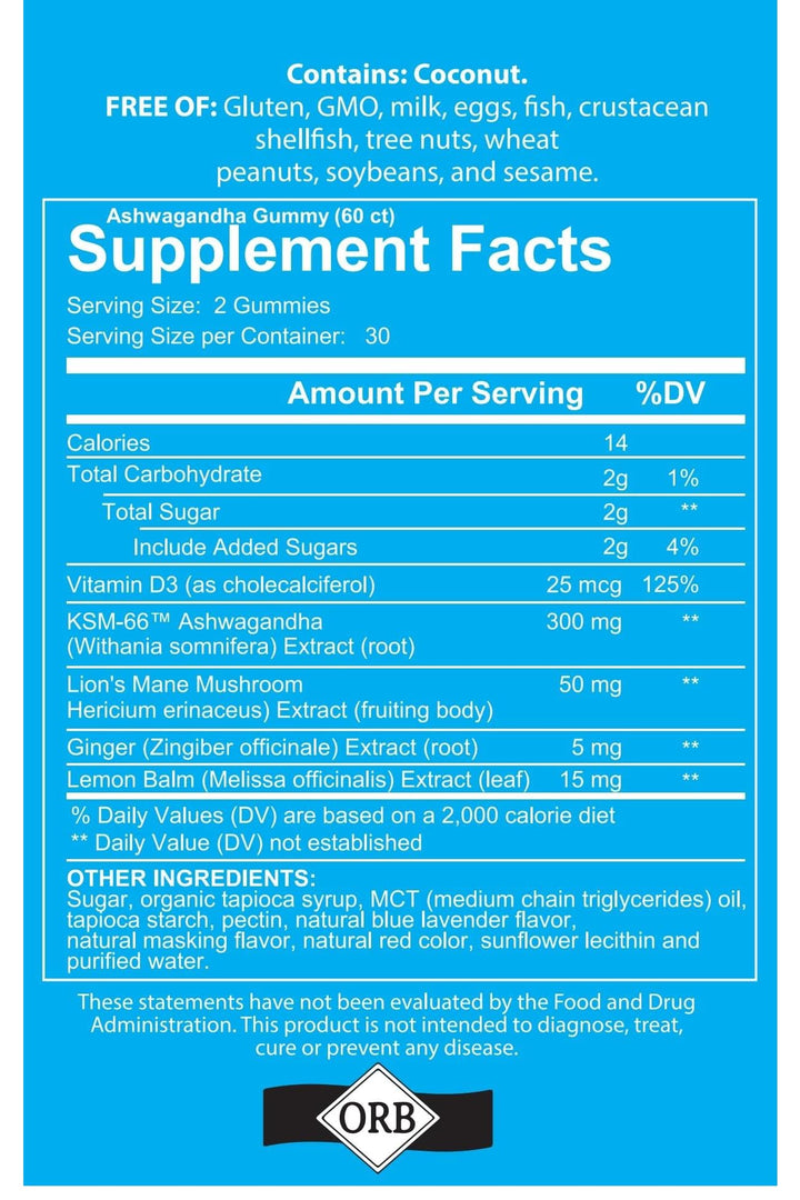 Ashwagandha Gummies Mixed Berry KSM-66, Lion's Mane, Vitamin-D, Non-GMO, Gluten-Free, Gelatin Free & Kosher (60 Count (Pack of 1))