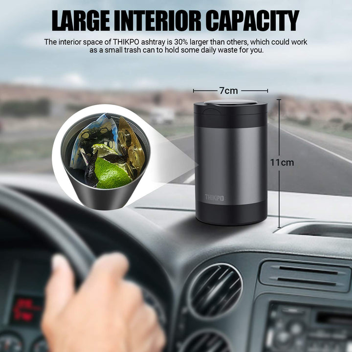 Car Ashtray with Lid, Portable Ashtray for Car, Mini Car Trash Can, Detachable Stainless Steel Smokeless Ash Tray with LED Blue Light (Misted Grey)