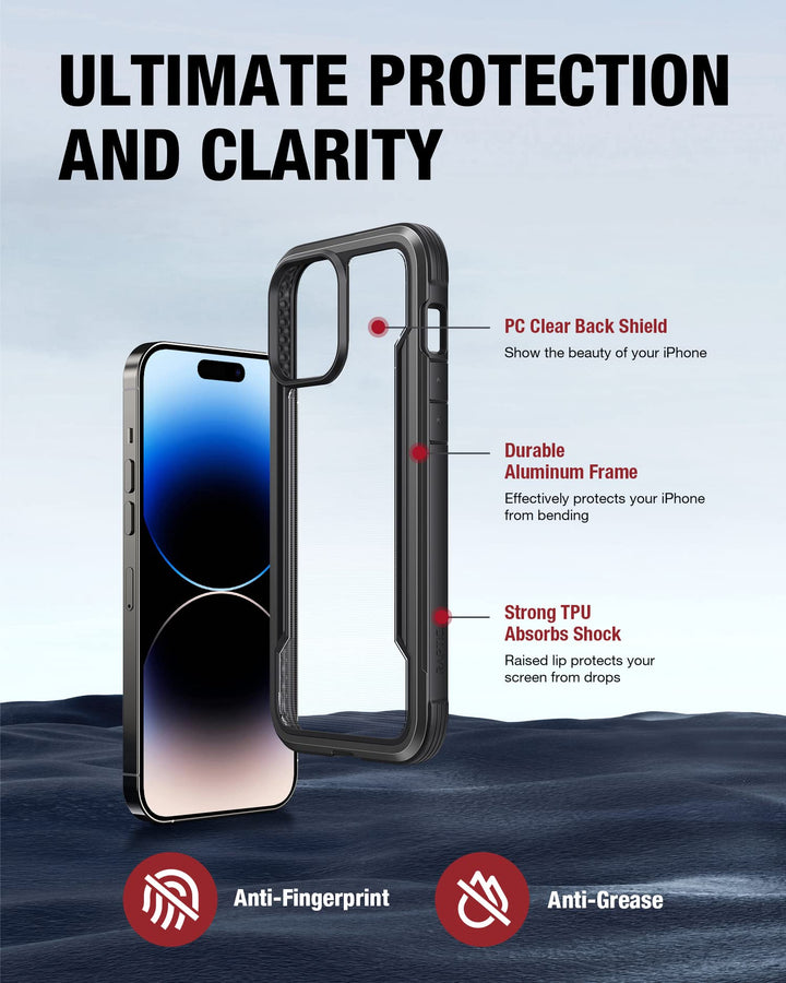 Shield for iPhone 14 Pro Max Case, Shockproof Protective Clear Case, Military Grade 10ft Drop Tested, Durable Aluminum Frame, Anti-Yellowing Technology Case, 6.7 inch, Black
