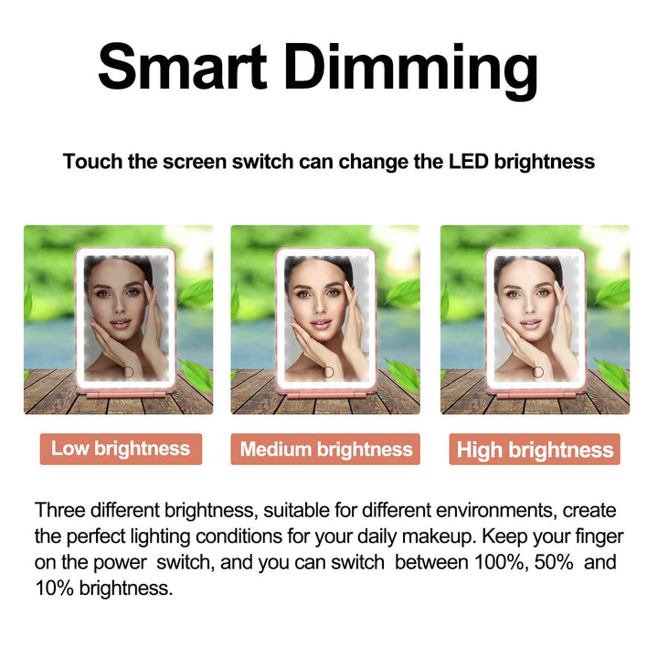 LED Makeup Mirror for Travel, 32 LEDs Lighted Vanity Mirrors with Dimmable Light,Compact, Slim, Rechargeable Lighted Mirror, Folding Makeup Mirror for Beauty