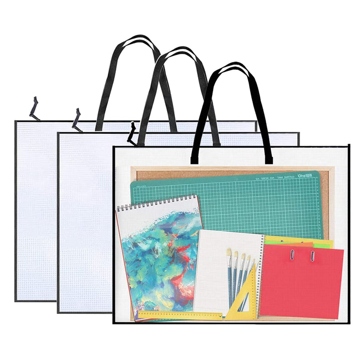 3 Pieces Art Portfolio Bag Poster Storage Bag, with Zipper and Handle Posters Organizer Transparent White Bag for Large Posters, Poster Board, Painting, Bulletin Boards 19 x 25 inch
