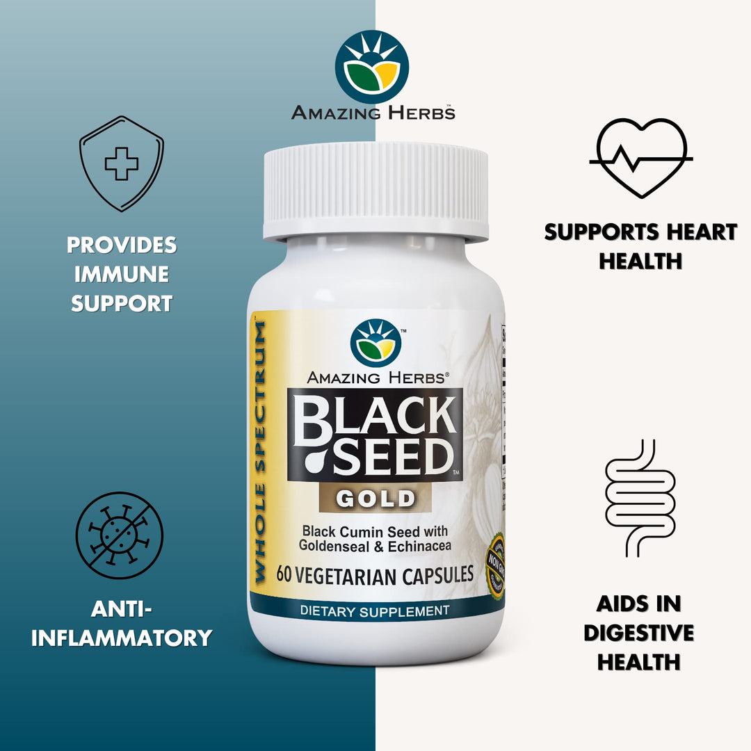 Whole Spectrum Black Seed Gold - Black Cumin Seed with Goldenseal & Echinacea, Gluten-Free & Non-GMO, Immune Support, Promotes Health & Wellness - 60 Count