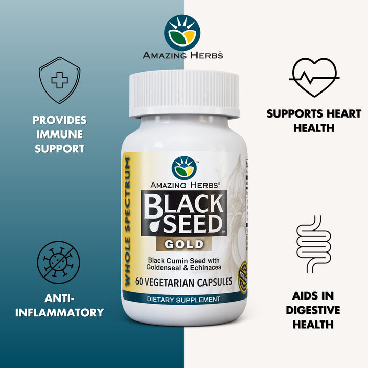 Whole Spectrum Black Seed Gold - Black Cumin Seed with Goldenseal & Echinacea, Gluten-Free & Non-GMO, Immune Support, Promotes Health & Wellness - 60 Count
