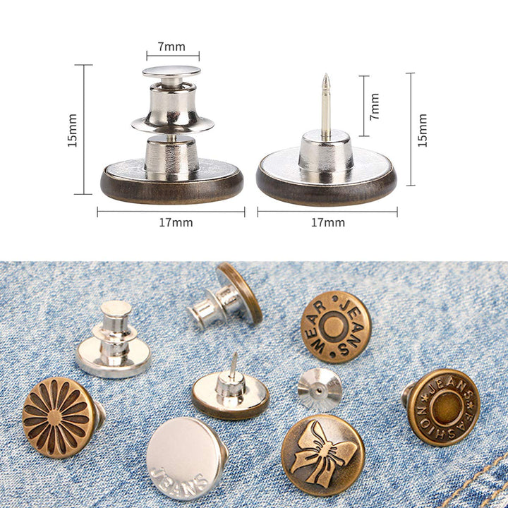 Adjustable Jeans Button Pins Instant, 16 Sets Button Pins for Jeans No Sew Detachable Pants Waist Instant Button in Seconds DIY(17mm)