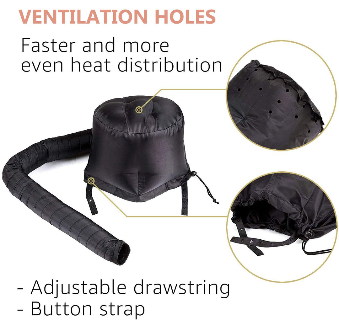 Soft Bonnet Hood Hairdryer Attachment, Adjustable Hooded Bonnet for Hand Held Hair Dryer - Including Headband to Reduce Heat Around Ear and Neck - Drying Styling Curling Deep Conditioning