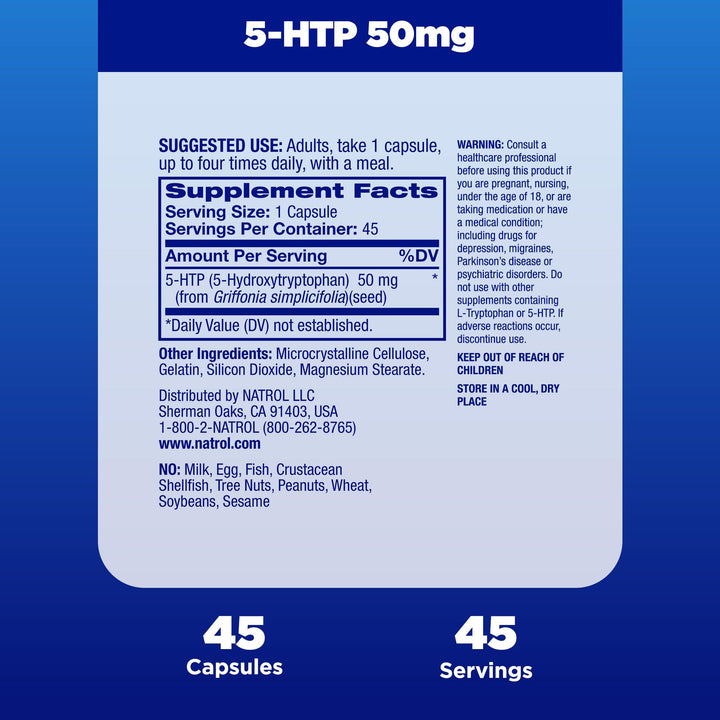 Mood & Stress 5-HTP 50mg, Dietary Supplement Helps Support a Balanced Mood, 45 Capsules, 11-45 Day Supply