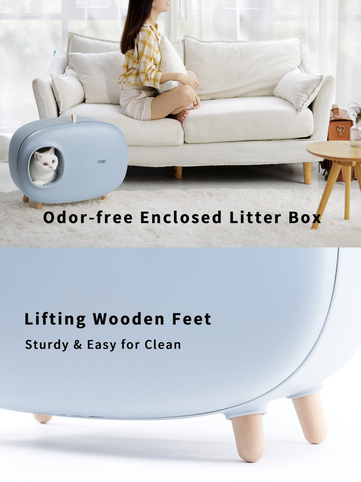 Cat Litter Box with Lid, Scoop (with Litter Mat), Enclosed Design, Large Prevent Sand Leakage and Isolate Odors, Easy to Clean, - Gray Blue