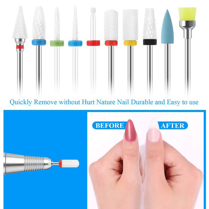 10Pcs Ceramic Nail Drill Bits Set Professional Remove Gel Acrylic Cuticle Diamond Carbide Nail Drill Bit Tools for Manicure Pedicure Home Salon Use Great Gift for Women Girls