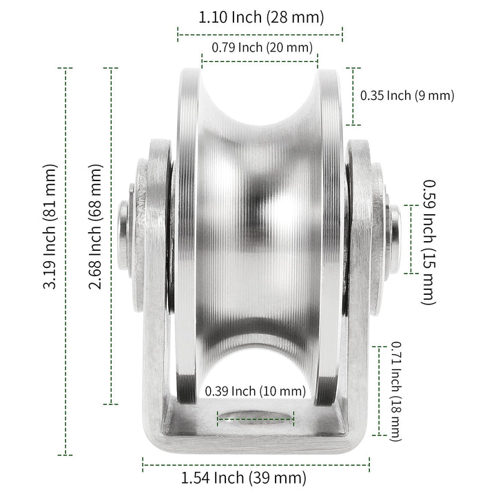 2 Pack 3 Inch Stainless Steel U Groove Wheel, U Groove Caster with Bracket for Sliding Gate, Rolling Gate, Inverted Track, Industrial Machines, 882 lbs Capacity