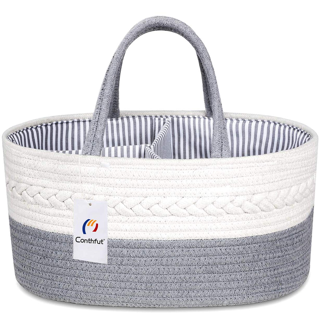 Conthfut Baby Diaper Caddy Organizer 100% Cotton Rope Nursery Storage Bin for Boys and Girls Large Tote Bag & Car Organizer with Removable Inserts Baby Shower Basket